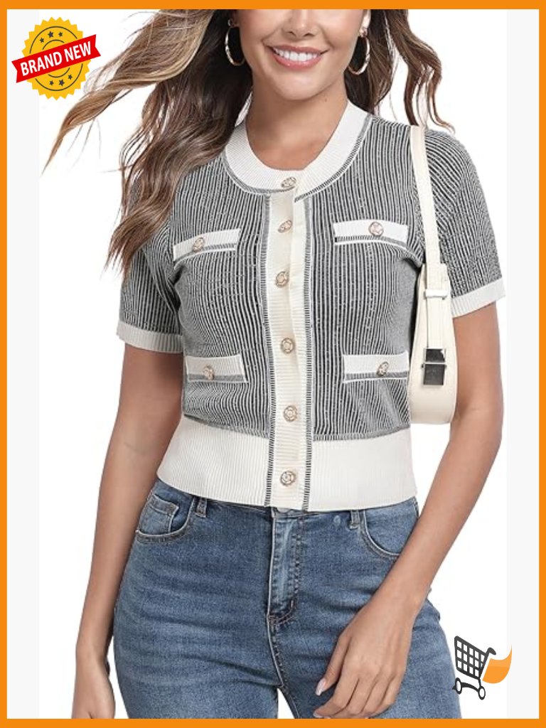 Short Sleeve Cardigan Crewneck Knit Button Down Sweater Top